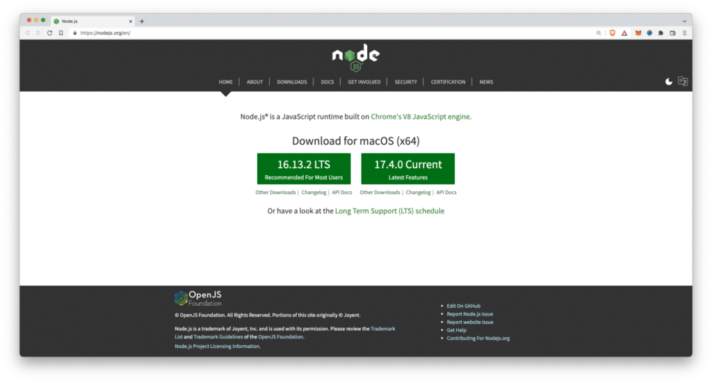 Node.js 的網站主頁,為 macOS 用戶顯示了兩個綠色的下載按鈕。