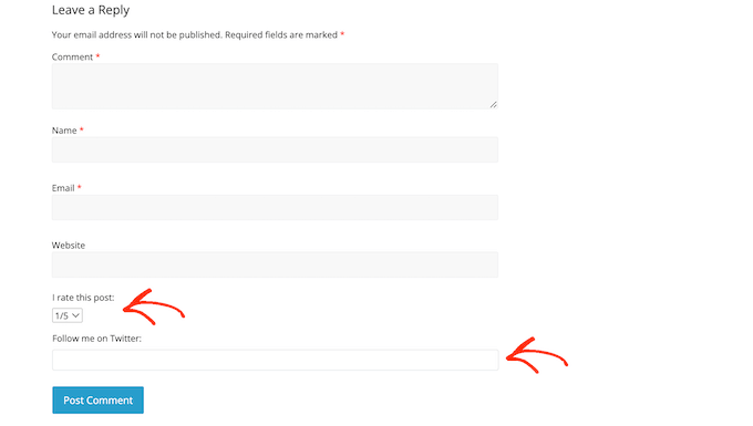 Ein Beispiel für ein Kommentarformular mit benutzerdefinierten Feldern An example of a comment form with custom fields
