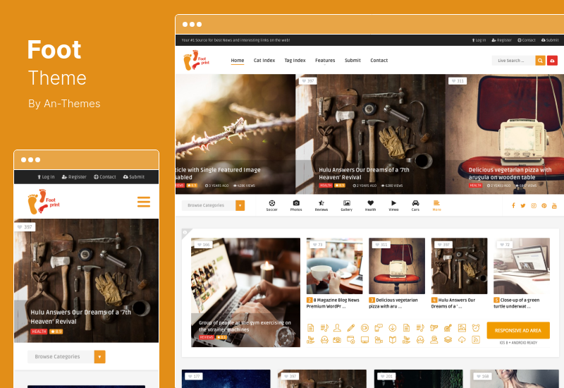 Foot Theme - Tema de WordPress para compartir contenido de envío de front-end de cuadrícula