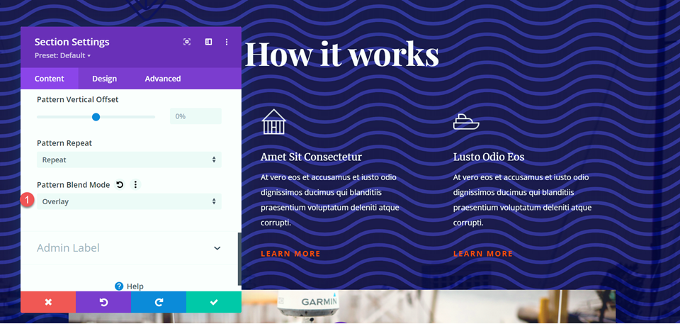 Divi-Hintergrundmuster Mischmodus-Layout 2 Wählen Sie Mischmodus