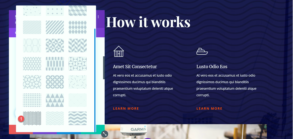 Divi-Hintergrundmuster-Mischmodus-Layout 2 Wählen Sie Muster