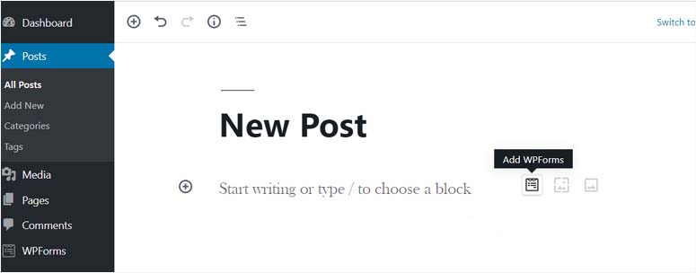 帖子編輯器中的 WPForms 小部件圖標