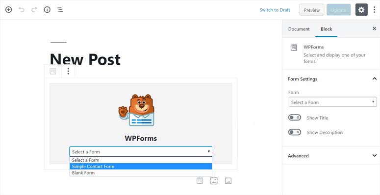 在 WPForms 小部件中選擇表單