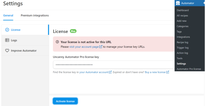 أدخل مفتاح ترخيص Uncanny Automator Enter Uncanny Automator license key