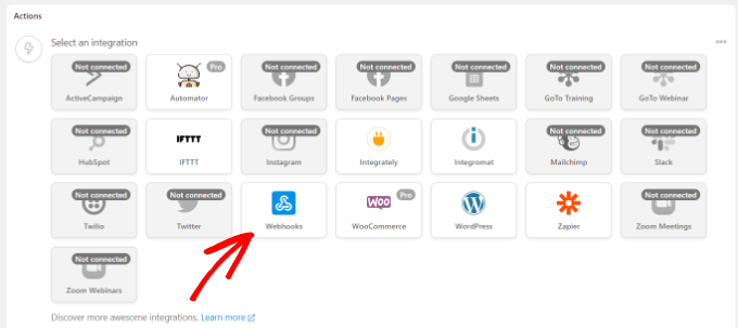 حدد Webhooks كتكامل Select Webhooks as integration