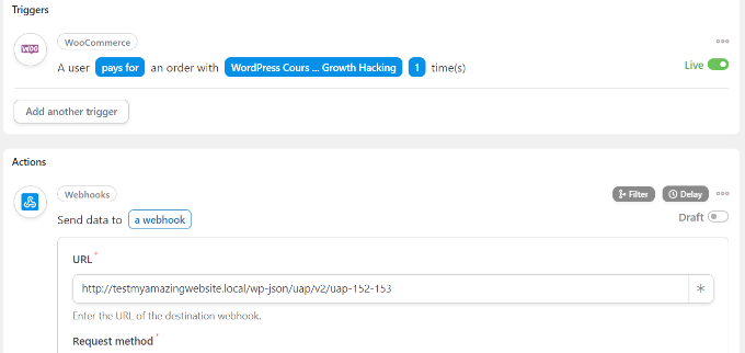 أدخل عنوان url الذي تم نسخه لخطاف الويب Enter the copied webhook url
