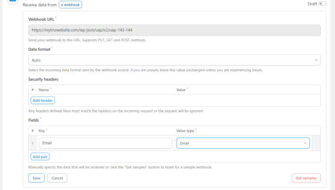 أدخل تفاصيل الحقل والتعامل مع رابط الرد التلقائي على الويب Enter field details and cope the webhook link