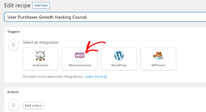 أدخل اسمًا وحدد WooCommerce كتكامل Enter a name and select WooCommerce as integration