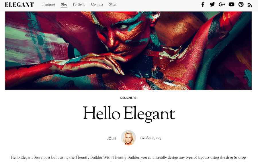Screenshot des eleganten WordPress-Designs mit einem fettgedruckten Kopfbild und Text.
