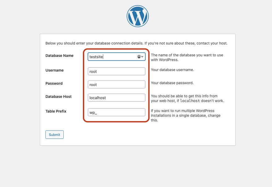 WordPress MAMP-Datenbankbildschirm