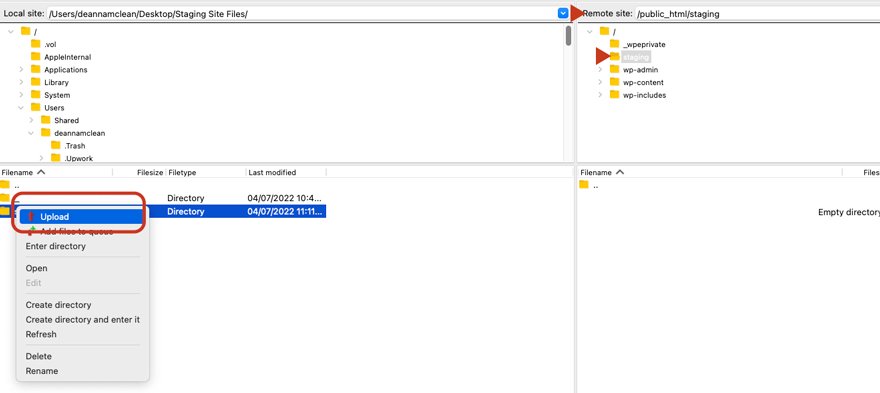 Hochladen von Dateien auf die WordPress-Staging-Site