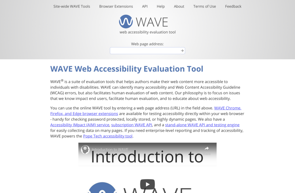 Halaman utama WAVE Web Accessibility Evaluation Tool.