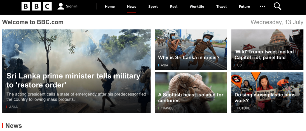 Situs web BBC dengan navigasi keyboard yang jelas dan indikator fokus