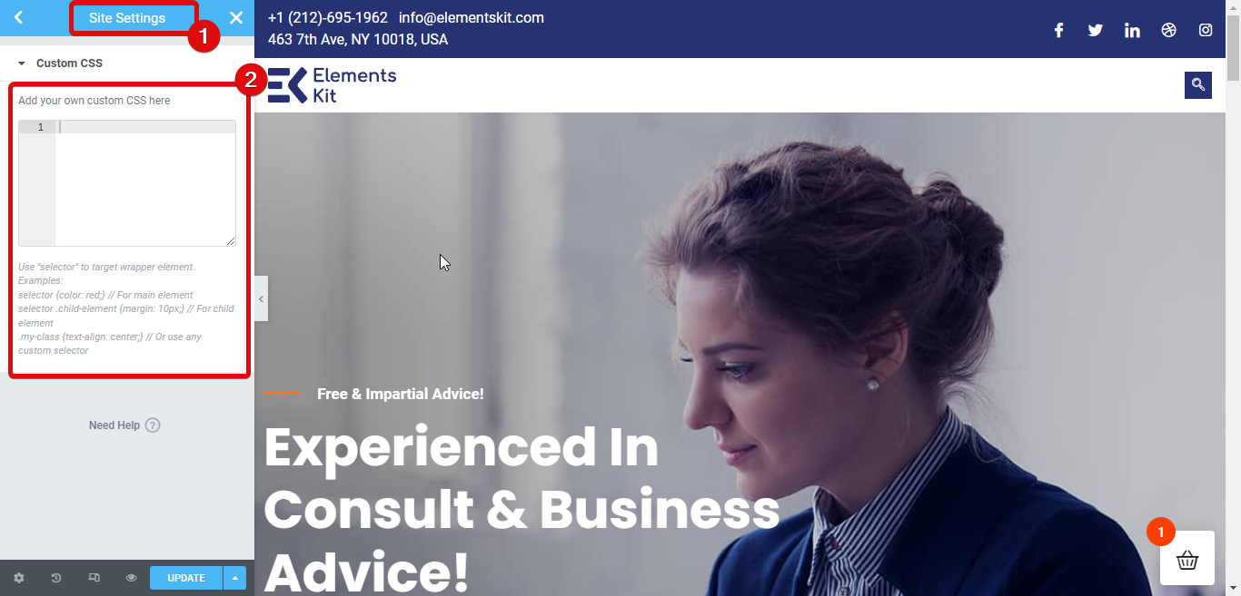 aggiungi Elementor CSS personalizzato nelle impostazioni del sito
