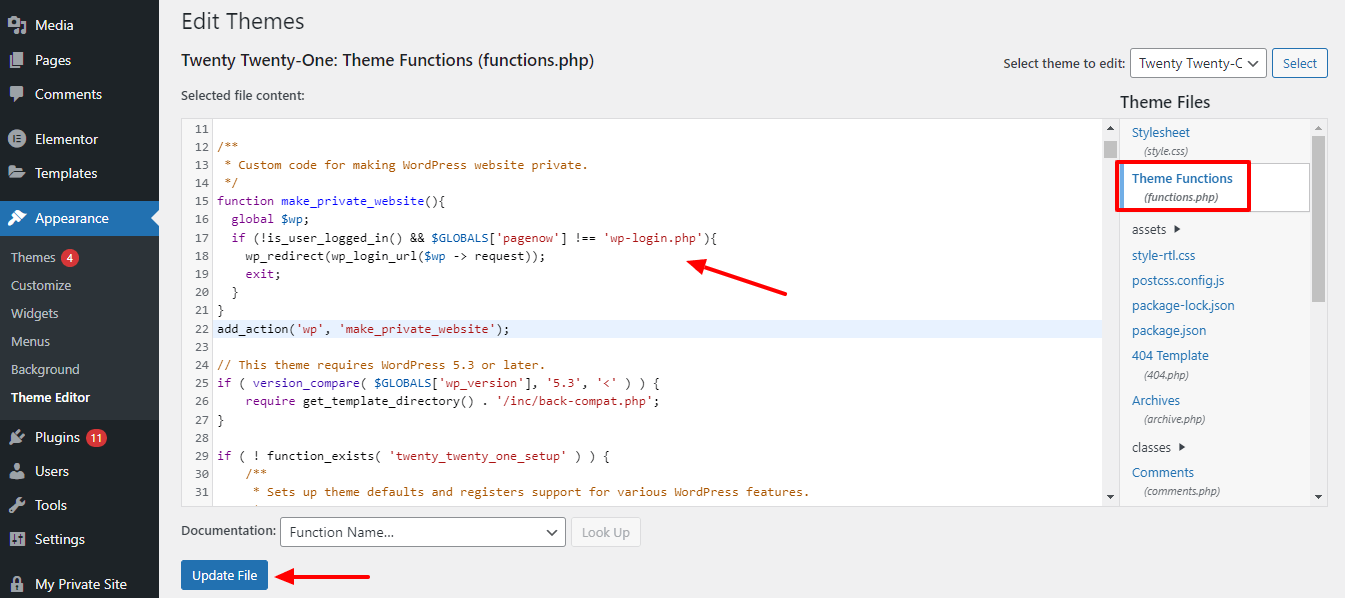 Una guida perspicace su come rendere privato un sito Web WordPress 7 Edit Theme Function File
