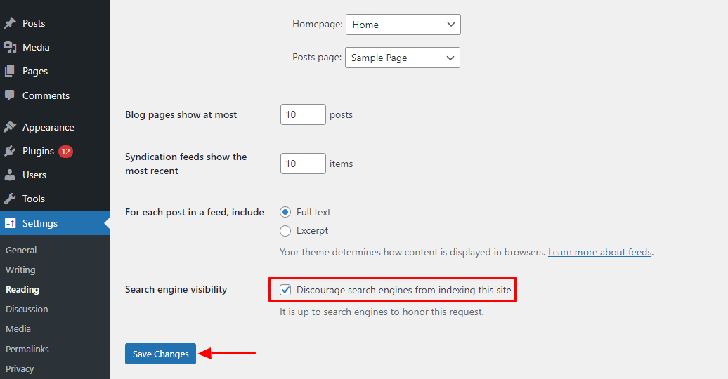 Una guida perspicace su come rendere privato un sito Web WordPress 2 Disable Search Engine Visibility