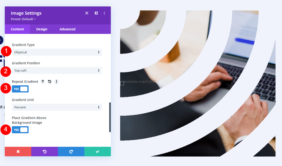 Terzo esempio: forma dell'immagine del generatore di gradiente ellittico