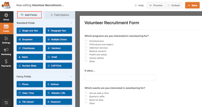 在 WPForms 志愿者申请表中添加字段 Adding fields to the WPForms volunteer application form