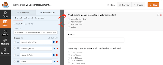 编辑志愿者招募表单字段 Editing a volunteer recruitment form field