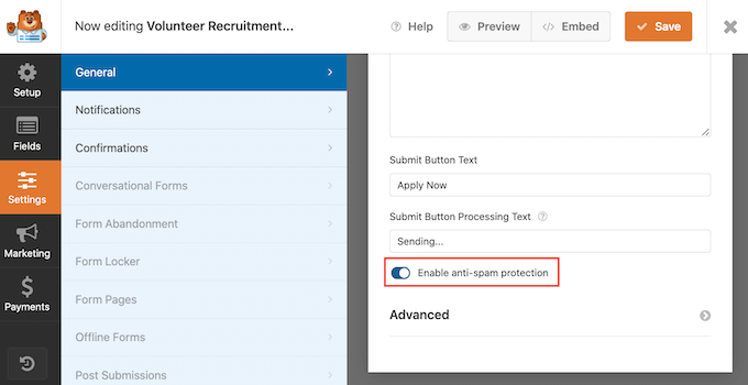 WPForms 的反垃圾邮件表单设置 WPForms' anti-spam form settings