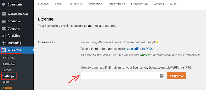 输入您的 WPForms 许可证密钥 Entering your WPForms license key