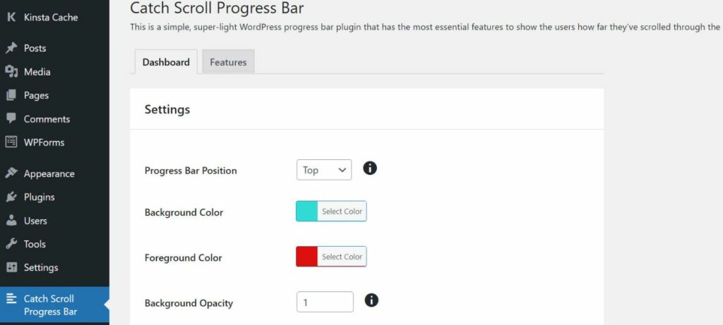 Catch Scroll Progress Bar プラグイン設定エリア。