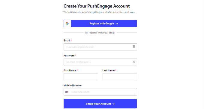 Crea un account su PushEngage Create an account on PushEngage