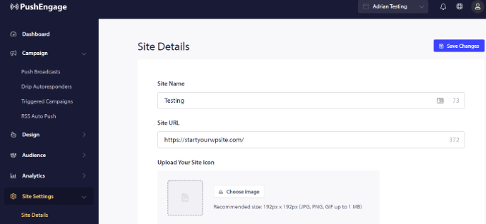 Inserisci i dettagli del sito web Enter website details