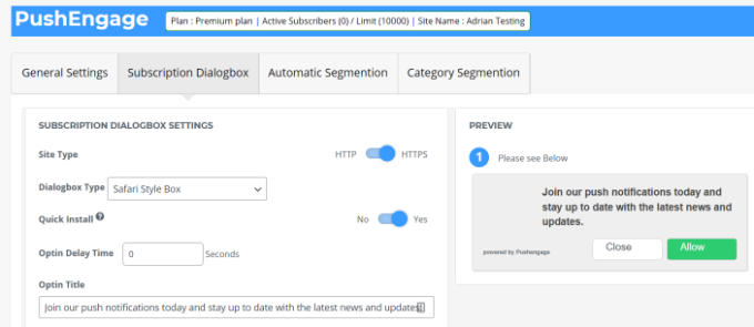 Impostazioni della casella di abbonamento Subscription box settings