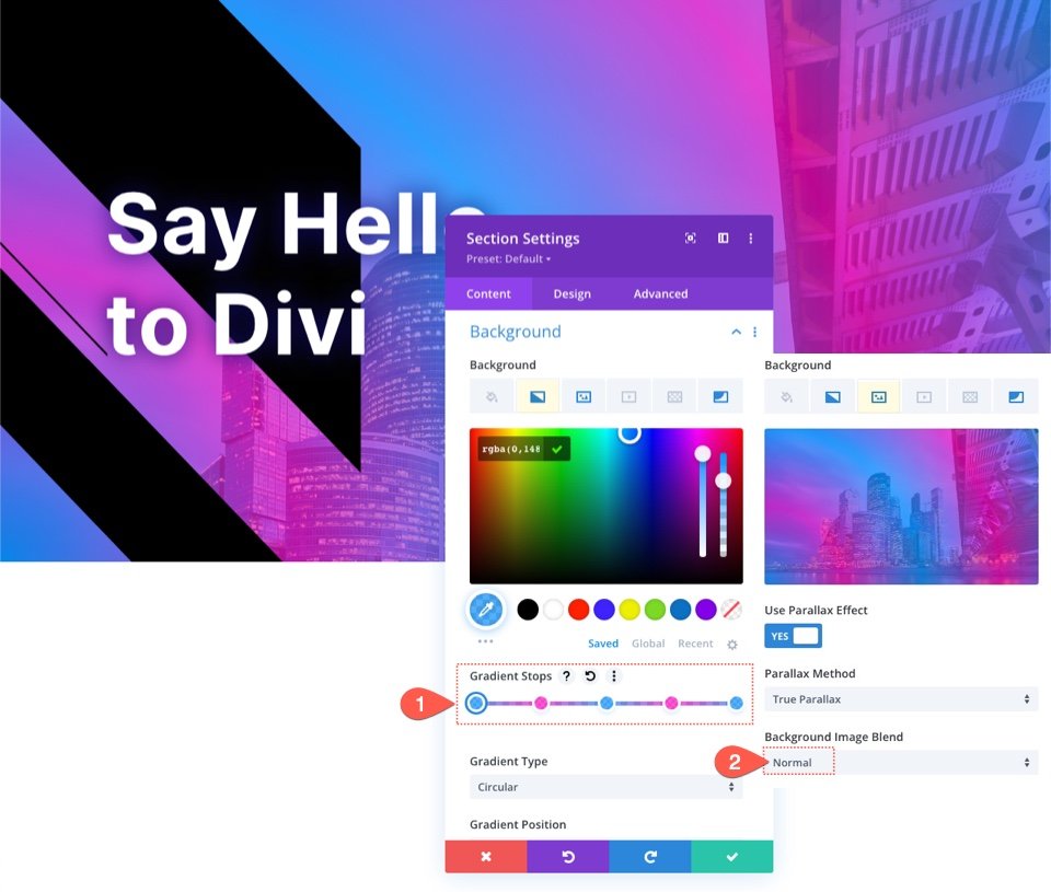 Fundal de imagine Parallax cu o suprapunere de gradient amestecat în Divi