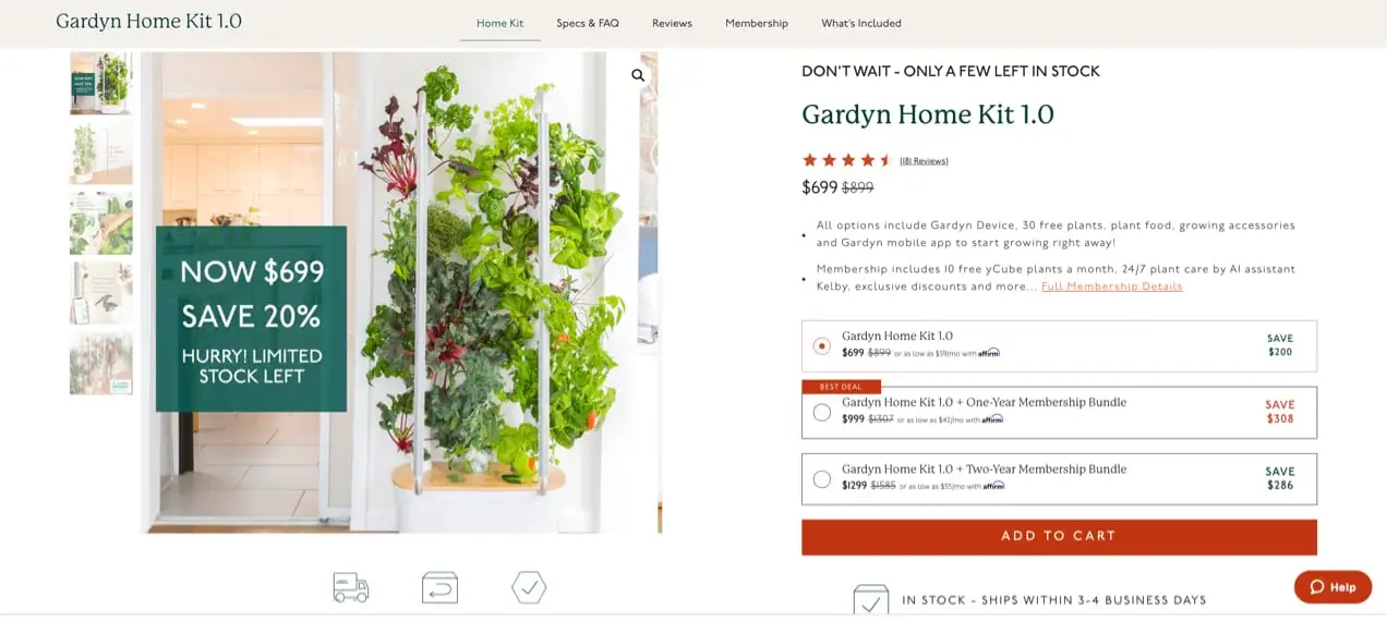 halaman produk di situs Gardyn