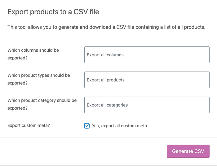 экспортировать товары в csv файл