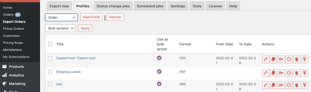 ส่วนหลังของ WordPress แสดงส่วนโปรไฟล์เพื่อส่งออกคำสั่งซื้อ มีรายการคอลัมน์พร้อมข้อมูลเกี่ยวกับรูปแบบและช่วงข้อมูล และเมนูไอคอนการดำเนินการ