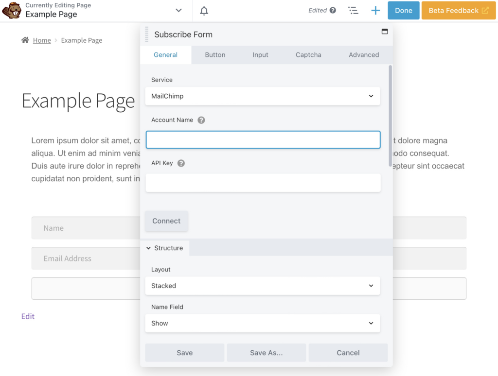 การเลือก Mailchimp เมื่อสร้างรายชื่ออีเมล