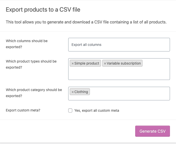 esporta i prodotti in un file CSV