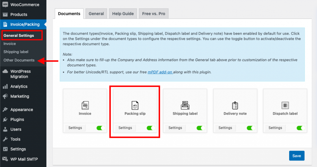 Opzione bolla di accompagnamento nella versione gratuita del plug-in fattura/documento di imballaggio