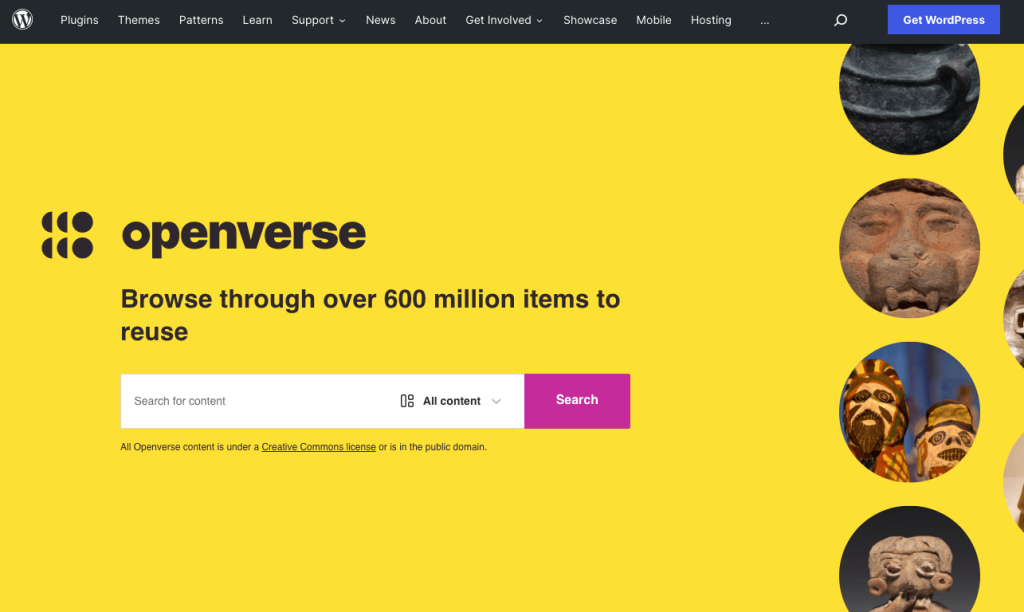 Cor de fundo amarela ferramenta de pesquisa WordPress Openverse