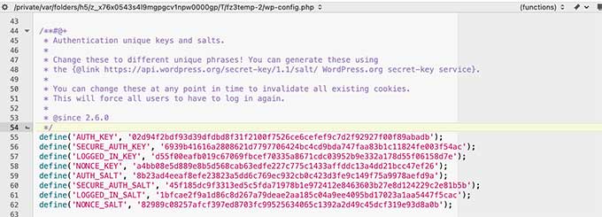 Chaves de segurança arquivo de configuração do WordPress Security keys WordPress configuration file
