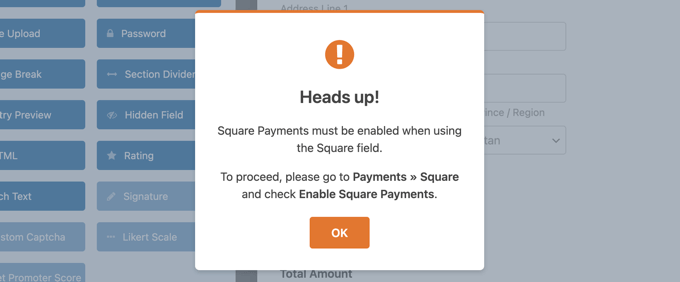 Notifica per abilitare i pagamenti quadrati Notification to Enable Square Payments
