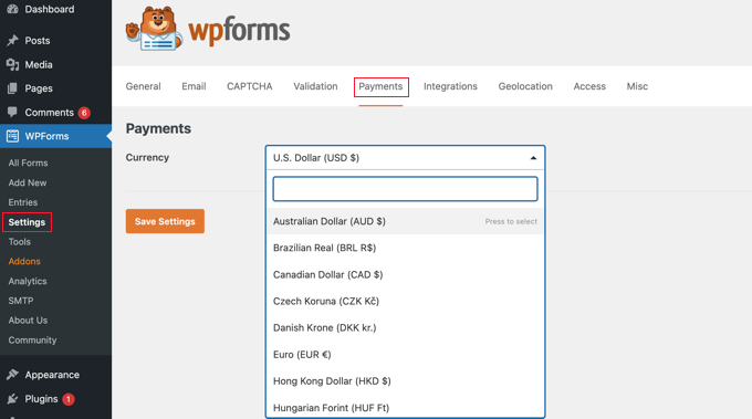 Imposta la tua valuta nelle impostazioni dei pagamenti di WPForms Set Your Currency in WPForms Payments Settings