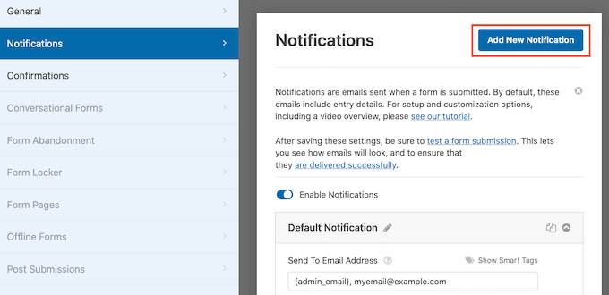 Creazione di una nuova notifica WPForms Creating a new WPForms notification