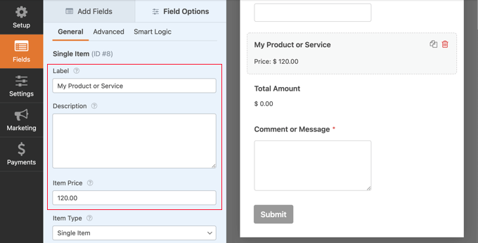 Configura il campo articolo singolo Configure the Single Item Field