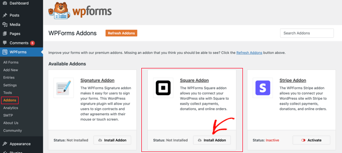 Installa il componente aggiuntivo WPForms Square Install the WPForms Square Addon