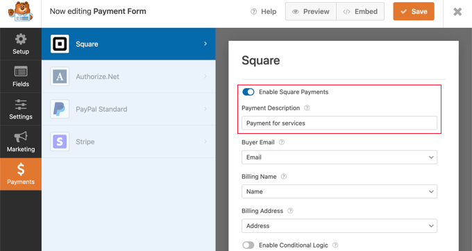Attiva o disattiva l'impostazione Abilita pagamenti quadrati su On Toggle the Enable Square Payments Setting to the On Position