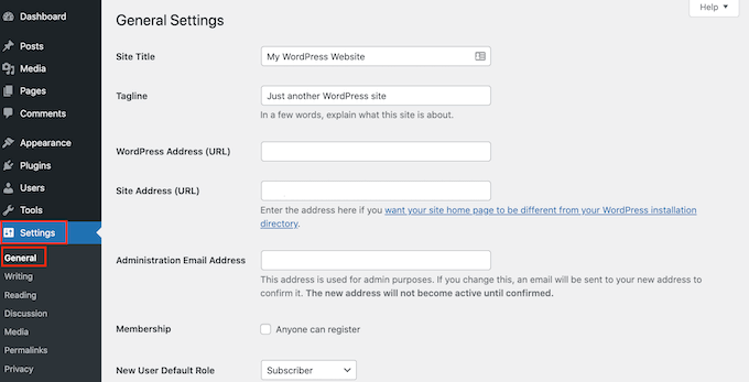 La page des paramètres généraux de WordPress The WordPress general settings page