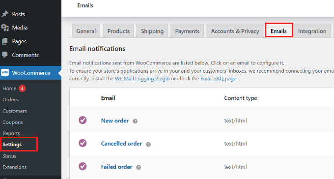 انتقل إلى إعدادات البريد الإلكتروني في WooCommerce Go to email settings in WooCommerce