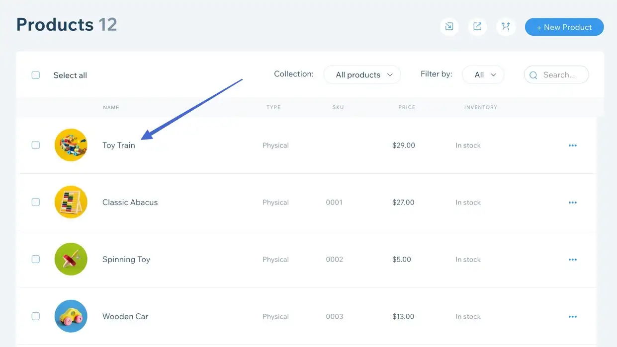 Wix çevrimiçi mağazasındaki ürün listesi