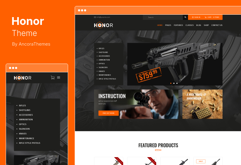Honor Theme - 多功能射擊俱樂部和武器商店 WordPress 主題