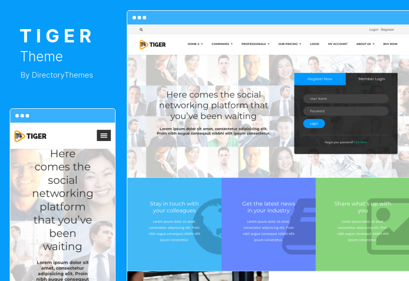 Tema Tiger - Tema WordPress de Rede Social para Profissionais de Empresas