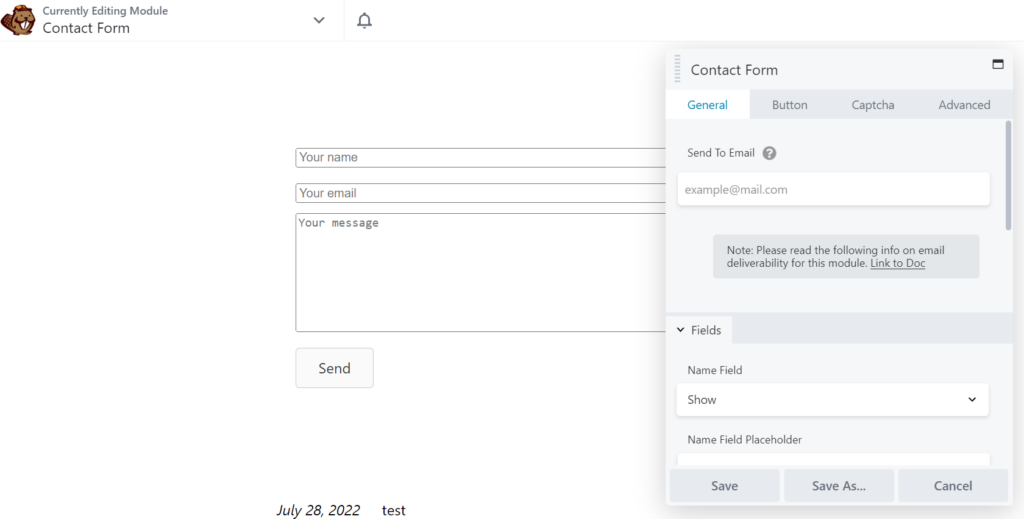 Editarea modulului Formular de contact cu Beaver Builder